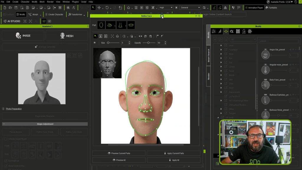 The Headshot 3 Refine Face tools are probably one of the biggest improvements for this type of workflow. Being able to adjust the face from both the Front and Side views gives you much more control over the overall structure. 
