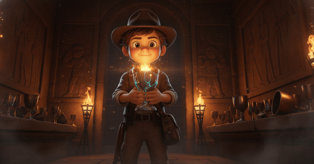 Cristian Spagnuolo's Indie Kid AI Actor from Character Creator 5 & iClone 8 holds a glowing chalice in an ancient tomb.