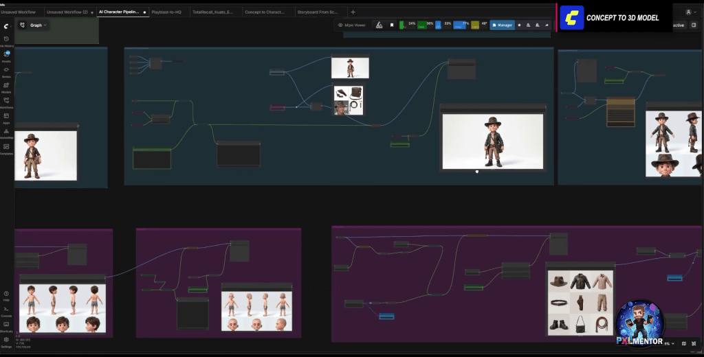 Through a series of refinement steps within ComfyUI, these initial ideas are carefully expanded to build a comprehensive, full character sheet.