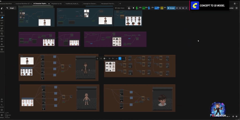 Once the 2D character sheets and component images are finalized, they are brought into Tripo 3D