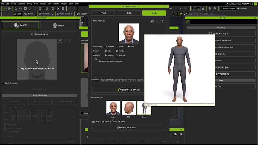 The first generated body is rejected because it appears too muscular for the subject's age. 