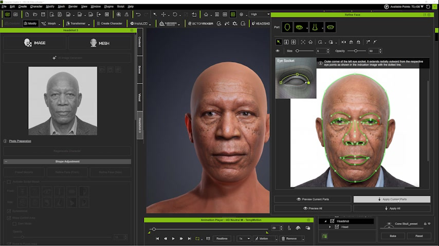  Preview of the frontal correction. The updated 3D head is compared with the reference before PhiBix applies the change
