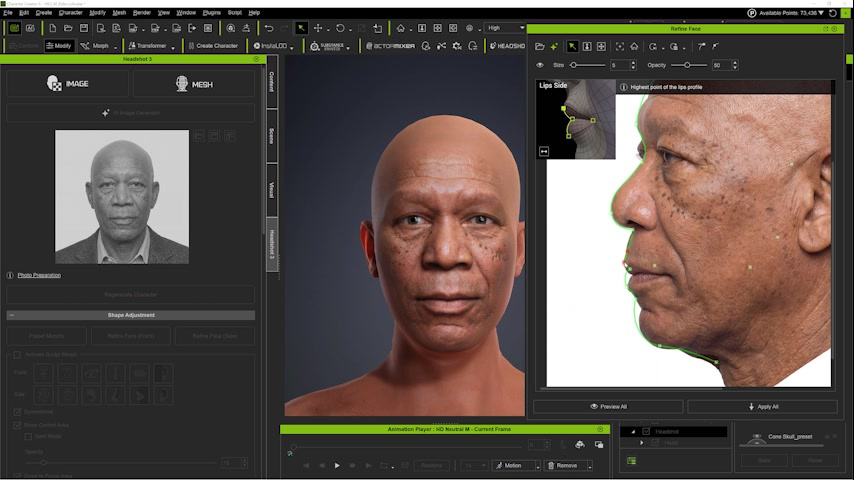 Profile Vector alignment. Nose, lips, chin, forehead, ear, and skull depth are matched to the profile photograph. 