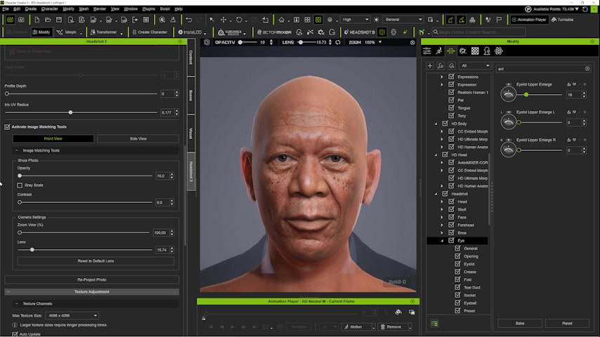 Refined base head after corrections to the eye width, brow ridges, and eyelid height. The likeness is readable before multi-angle texture work begins