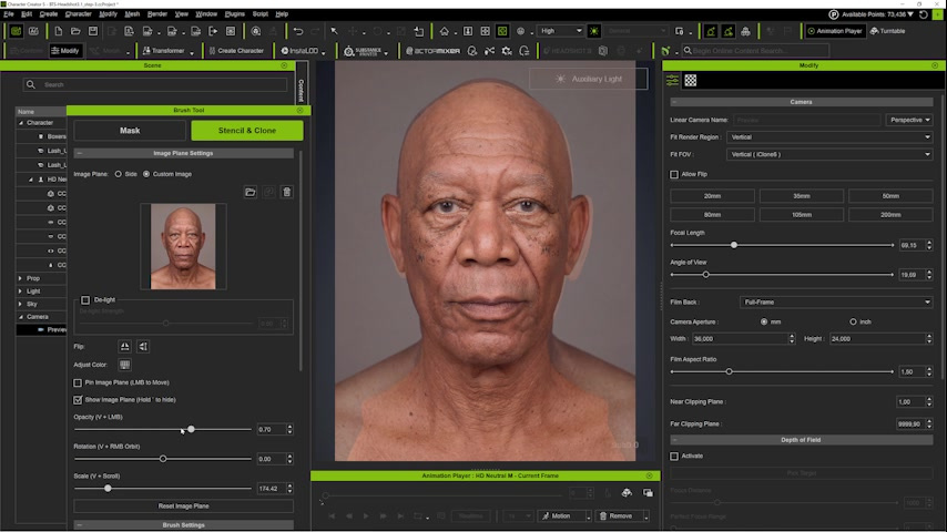 Front-view camera matching in Stencil & Clone. The photo and the 3D head are brought to the same framing and perspective before any texture is painted.