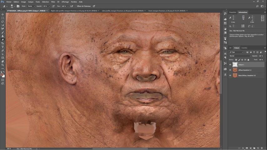 Diffuse-map cleanup. Profile material is transformed, made more matte, color-corrected, and blended with the eraser.