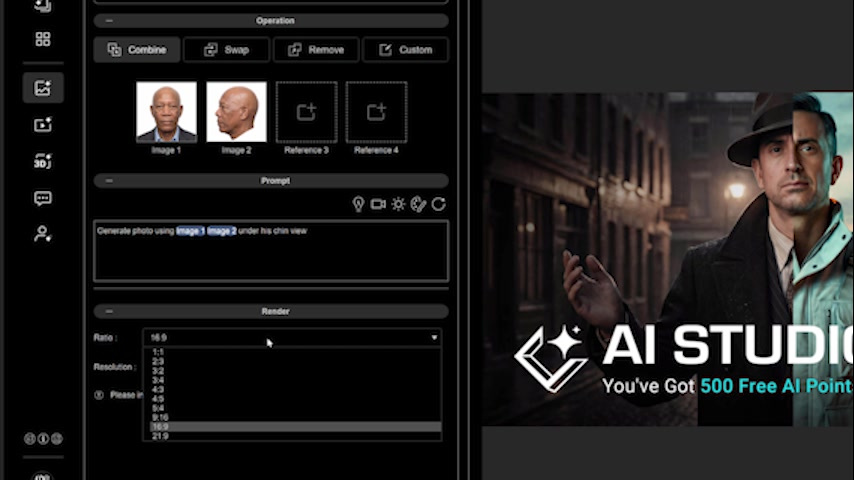 AI Studio setup: Image Gen > Edit, front and profile references selected, square 1:1 output, and 2048-pixel resolution.