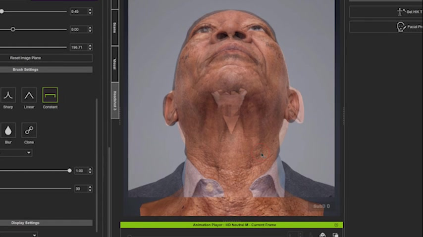 The generated under-chin image is aligned to the posed 3D head and projected onto the missing area. The projection also produces normal and roughness information. 