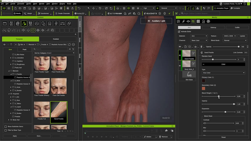 SkinGen is used to add age spots and vascular detail to the hands so the body matches the aged facial skin. 
