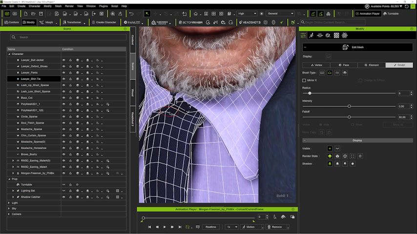 Final technical cleanup. With hair, earrings, suit, tie, and pose in place, PhiBix uses Edit Mesh to stop the tie knot from clipping through the collar. 