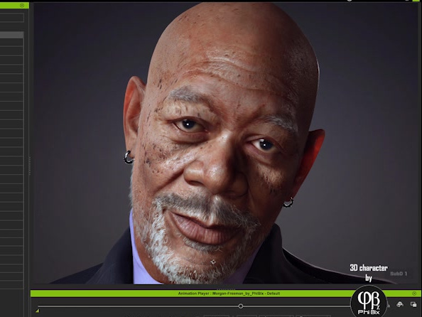 Frontal close view: beauty marks, wrinkles, beard transition, eye treatment, and balanced skin tone.
