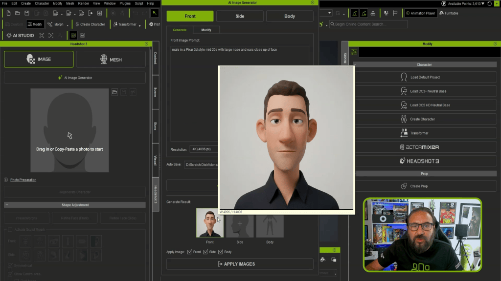 Character Creator 5's Headshot 3 AI tools helps quickly generate reference images and explore ideas, to build fully-rigged 3D character creations that are ready for animation almost immediately.