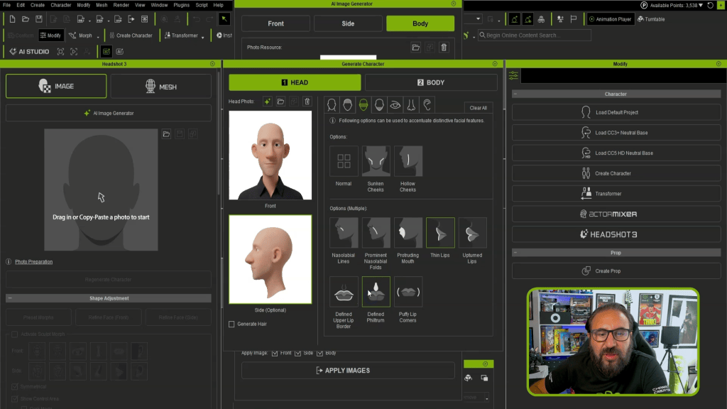 The Headshot 3 Sculpt Morphs. This is where the character really started to come together. I could push and pull features, adjust proportions, and exaggerate certain areas until the character started matching the original concept. For stylised characters, these small adjustments make a huge difference. A slight change to the eyes or mouth can completely change the personality of the character.