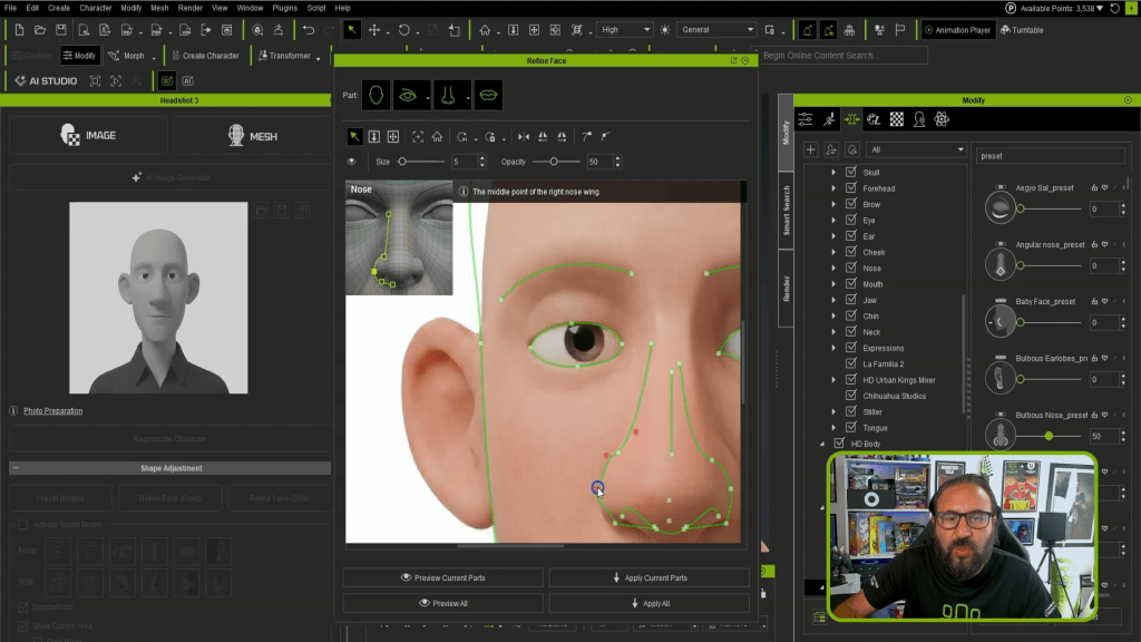 The refinement tools help solve that problem by allowing you to guide Headshot 3 towards the shape you actually want rather than simply accepting the first generated result.
