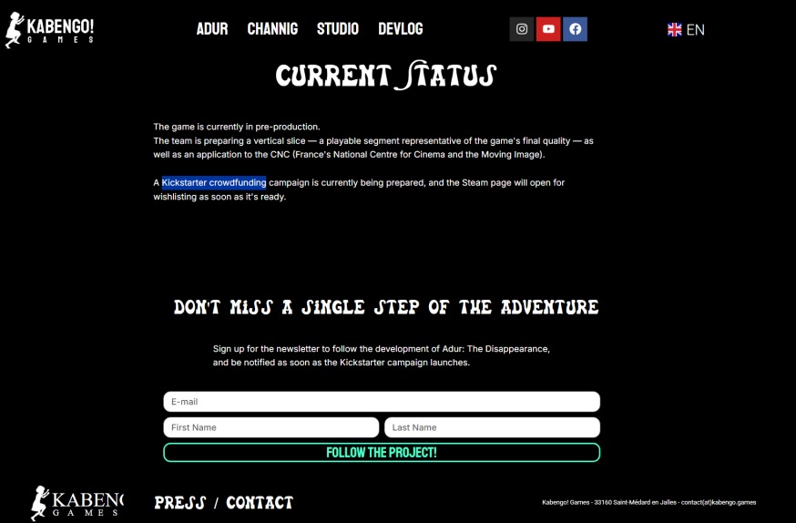 Kabengo! Games' 'Adur' game website page showing current status, newsletter signup, and Kickstarter crowdfunding plans.
