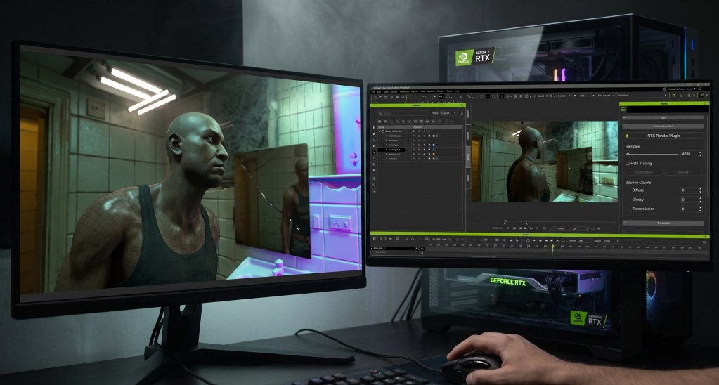 iClone 8 RTX Render plugin dual monitor interface showing a path-traced digital human, wireframe overlay, Path Tracing settings, and NVIDIA RTX PCs.