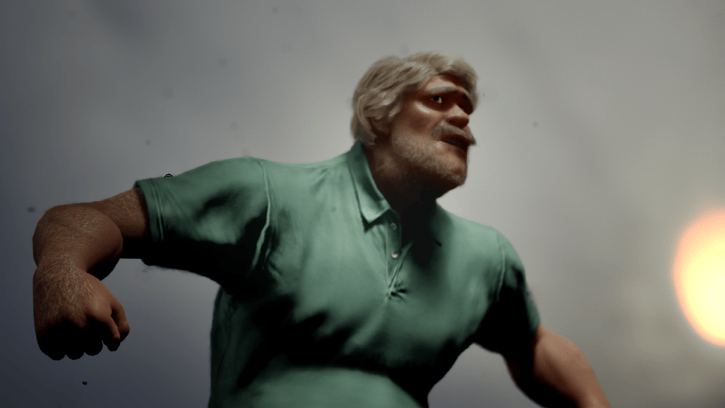 Stylized CC5 3D character, older man in green polo (Aitatxi), dynamic pose, blending realistic and cartoon aesthetics for Unreal.
