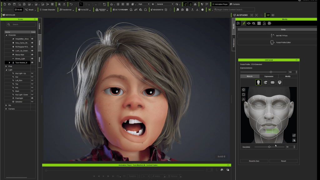 Reallusion Character Creator 5 UI: Stylized 3D child character (Adur) with open mouth, facial morphing controls.
