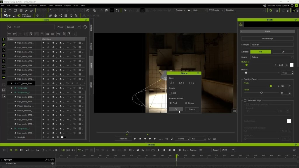 iClone 8 RTX Render: Aligning a spotlight in a dark 3D scene, with light properties in Modify panel, for physically accurate lighting.