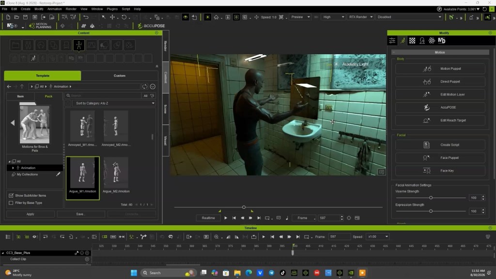 iClone 8 RTX Render UI: A 3D digital human in a tiled bathroom, with motion animation controls & content library visible.