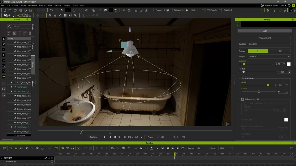 iClone 8 RTX Render: Adjusting spotlight properties like Angle (120), Falloff (50), and Multiplier (2.50) in Modify panel for scene.