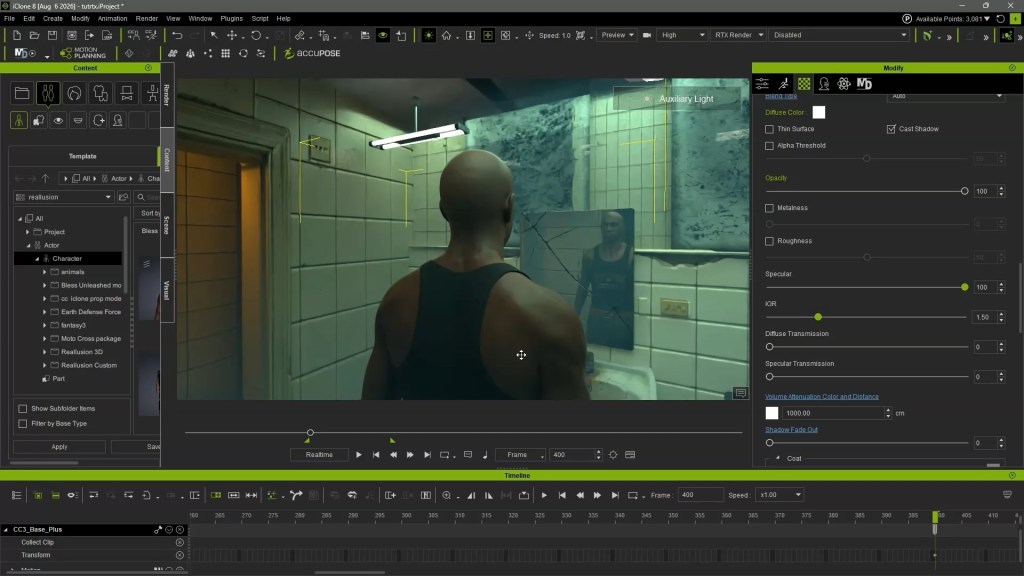 iClone 8 RTX Render UI: Digital human in path-traced bathroom scene, real-time reflections, RTX material settings for realism.
