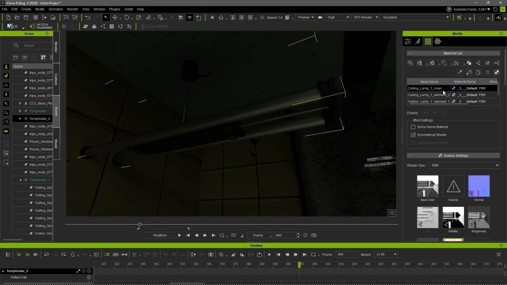 iClone 8 RTX Render workflow: modifying Ceiling_Lamp PBR materials in Modify panel (ROUGHNESS, GLOW), with Scene Manager & Timeline.