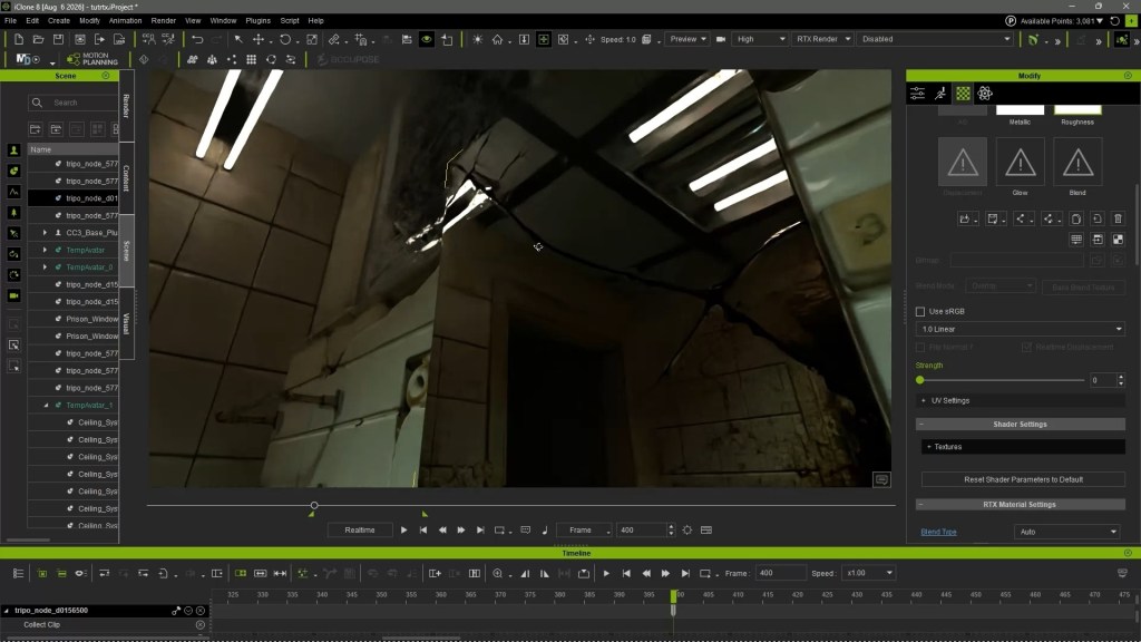 iClone 8 with RTX Render plugin, showing a path-traced interior scene reflecting in a mirror. Modify panel highlights Metallic, Roughness, Glow material channels.
