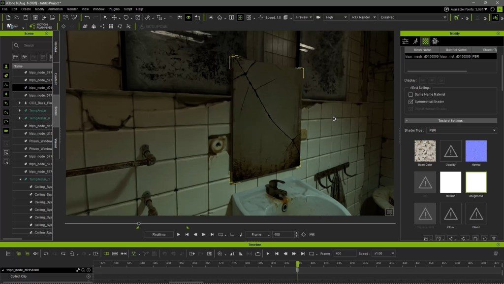 iClone 8 RTX Render UI: Adjusting PBR material roughness for a selected cracked mirror in a dirty bathroom scene; timeline visible.