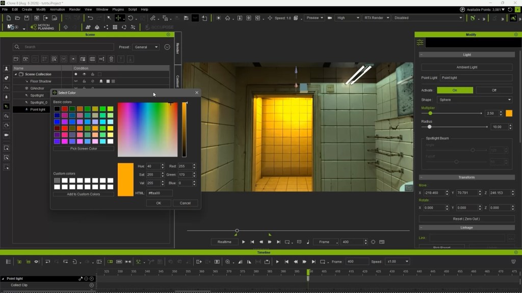 iClone 8 RTX Render UI: adjusting point light color (#ffaa00) for physically accurate path-traced lighting in a detailed interior scene.