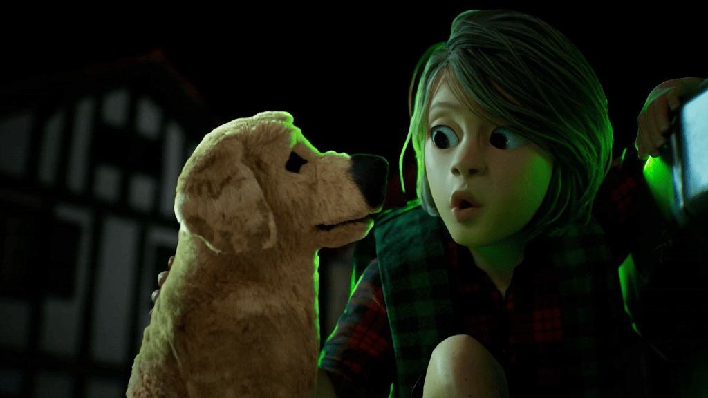 CC5 stylized 3D character Adur & dog, wide-eyed with green light. Kabengo! Games' real-time pipeline for Unreal Engine.
