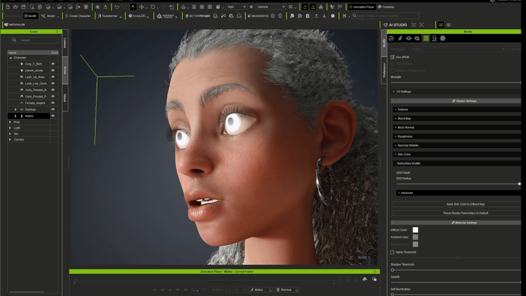 Reallusion Character Creator 5 UI: Stylized 3D character (Malika) with glowing eyes, adjusting SSS & skin shader for Unreal.
