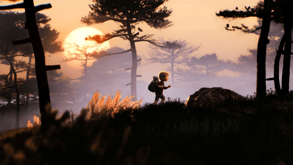 Adur, a stylized 3D character (CC5) running with a dog in a backpack through an Unreal Engine 5 forest at sunset.
