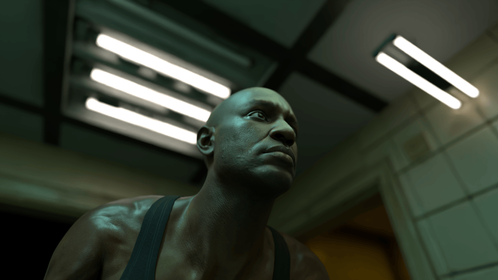 Benny Dee's iClone 8 RTX Render: Detailed digital human with realistic skin, path-traced lighting, cinematic DoF, and fluorescent lights.