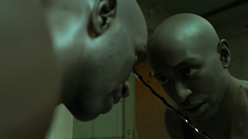 iClone 8 RTX Render: Bald digital human gazes at mirror reflection, dark liquid drips, highlighting path-traced realism.